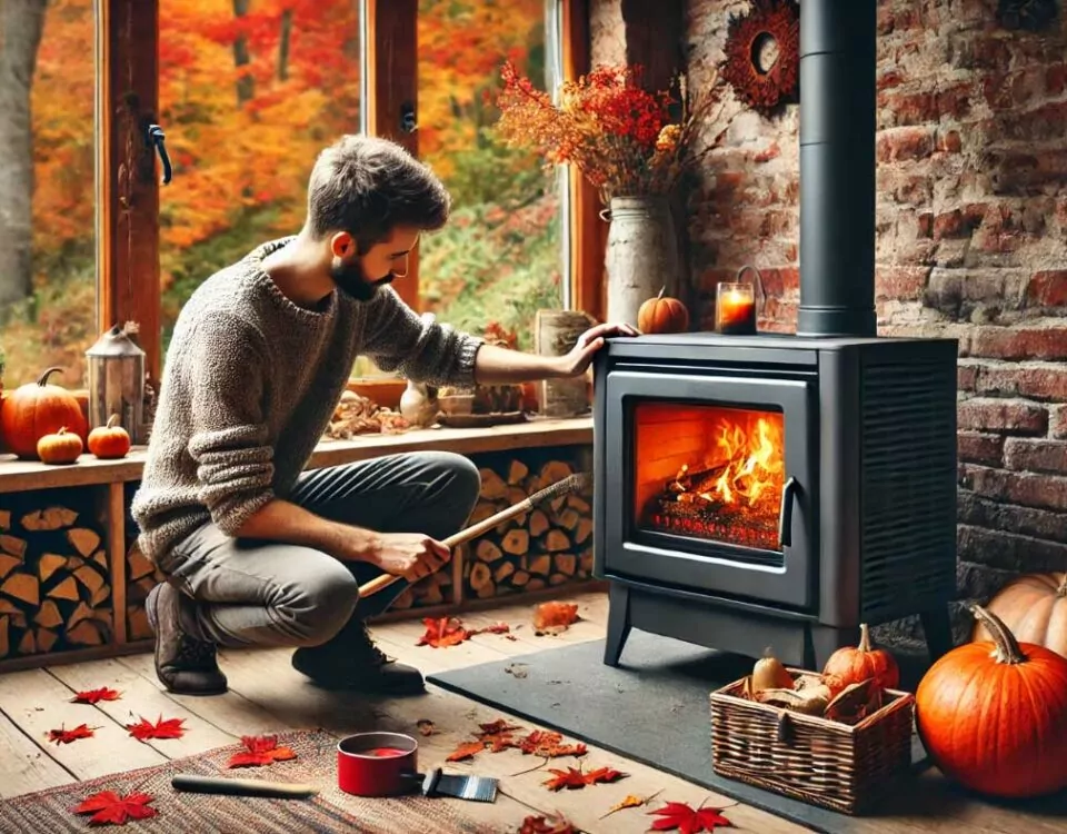 Stove prepared for winter with clean glass.